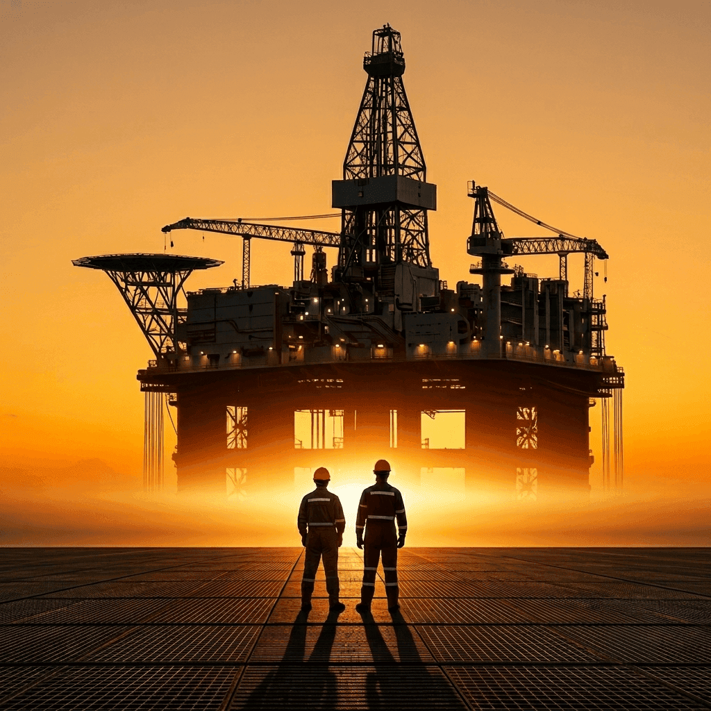 Drilling engineers silhouttes looking to an offshore rig against an orange sunset